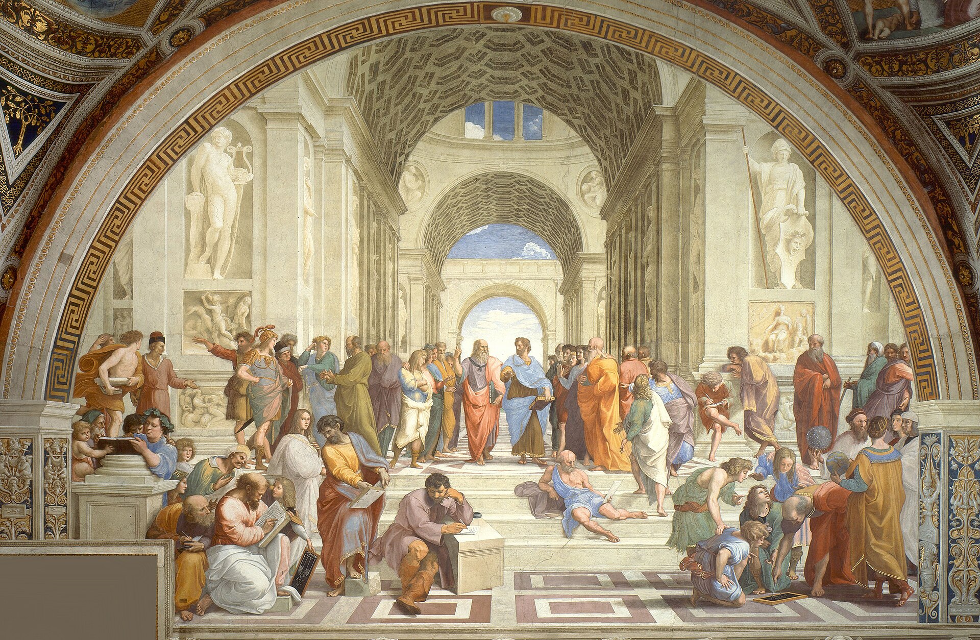 Detalhe de A Escola de Atenas, de Rafael, obra do início do século XVI. Aristóteles aparece no centro da composição, ao lado de Platão, segurando sua Ética. Reprodução: Wikimedia Commons — domínio público.